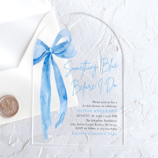 Blue Bow Something Blue Before I Do Bridal Shower Acrylic Invitations (Moder Watercolor Blue Bow Something Blue Before I Do Arch Bridal Shower Acrylic Invitation)