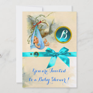 BLUE BOW STORK BABY BOY SHOWER GEMSTONE MONOGRAM INVITATION