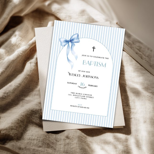 Blue Bow Striped Baptism Invitation for Boys (Blue pink baptism invitation for boys)