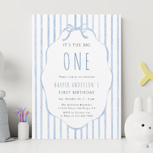Blue Bow & Stripes Baby Boy 1st Birthday Party Invitation