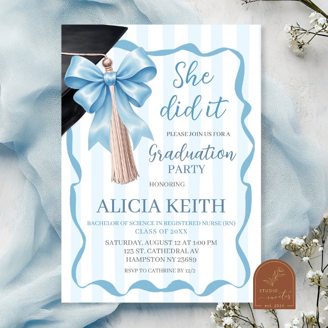 Blue Bow Stripes Coquette Tassel Graduation party  Invitation (Creator Uploaded)