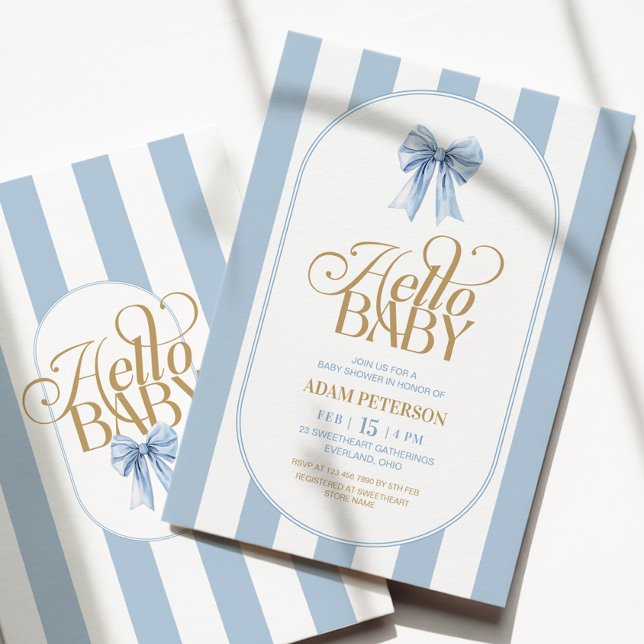 Blue Bow Stripes Elegant Baby Shower Invitation (Creator Uploaded)