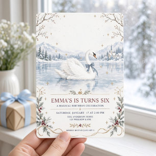Blue Bow Swan Winter Wonderland Birthday Invitation