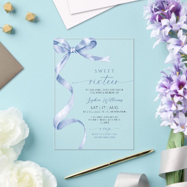 Blue Bow Sweet 16 Birthday  Acrylic Invitations (Insitu (Wedding))