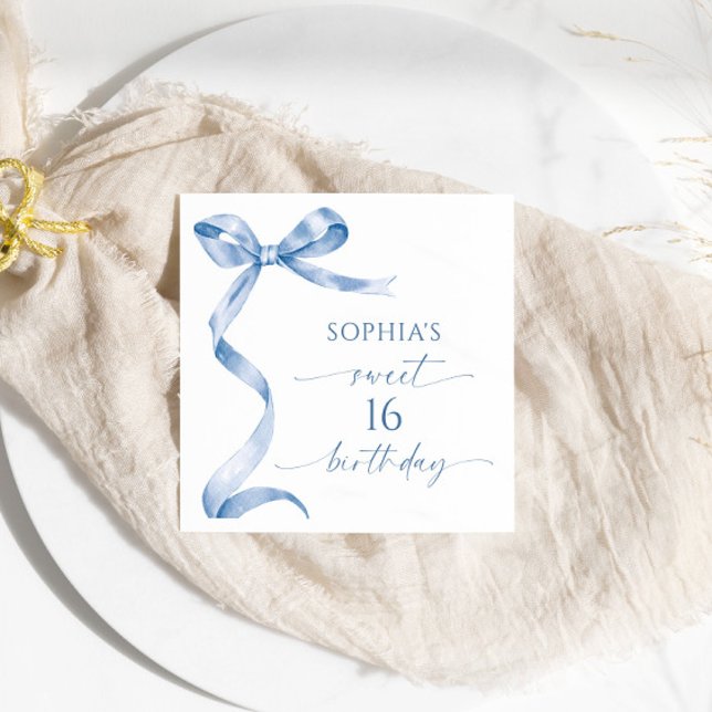 Blue Bow Sweet 16 Birthday Party Napkins (Creator Uploaded)