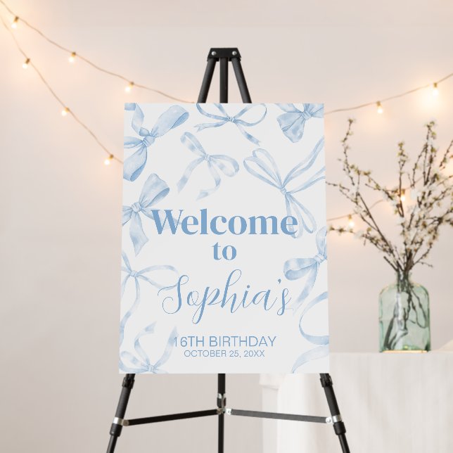 Blue Bow Sweet 16th Birthday Party Welcome Sign (In Situ (Stand))