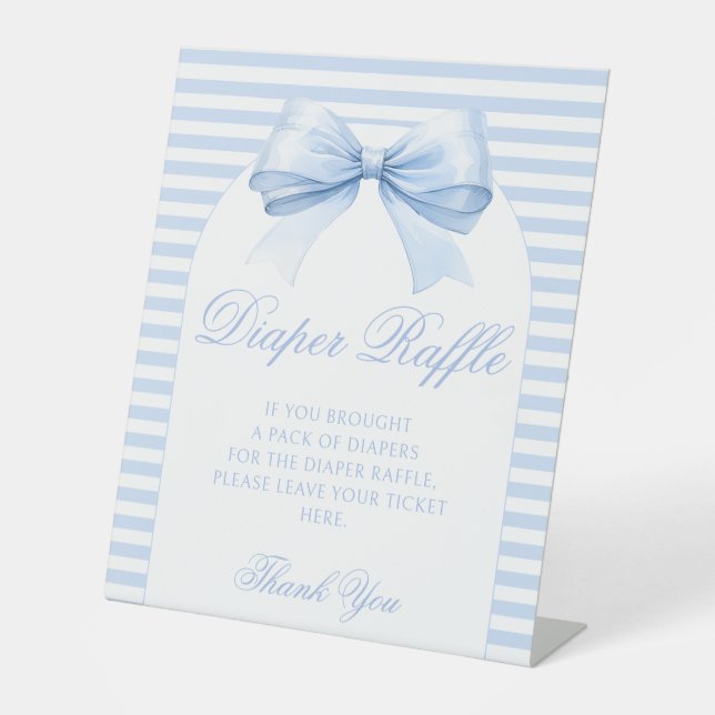 Blue Bow Sweet Baby Boy Shower Diaper Raffle Pedestal Sign (Front)