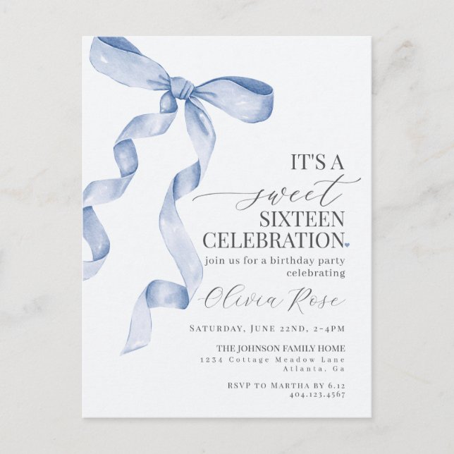 Blue Bow Sweet Sixteen Birthday Party Invitation Postcard (Front)