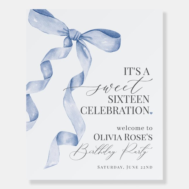 Blue Bow Sweet Sixteen Birthday Party Welcome Sign (Front)