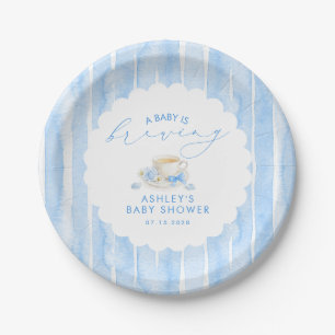 Blue Bow Tea Baby Is Brewing Boy Baby Shower Paper Plates