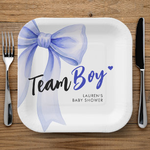 Blue Bow Team Boy Ribbon Cute Baby Shower Paper Plates