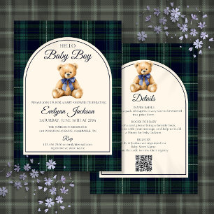 Blue Bow Teddy Bear All In One Boy Baby Shower Invitation