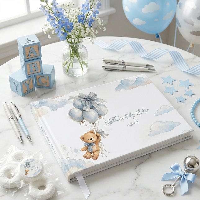 Blue Bow Teddy Bear Balloons Clouds Baby Boy Foil Guest Book (Creator Uploaded)