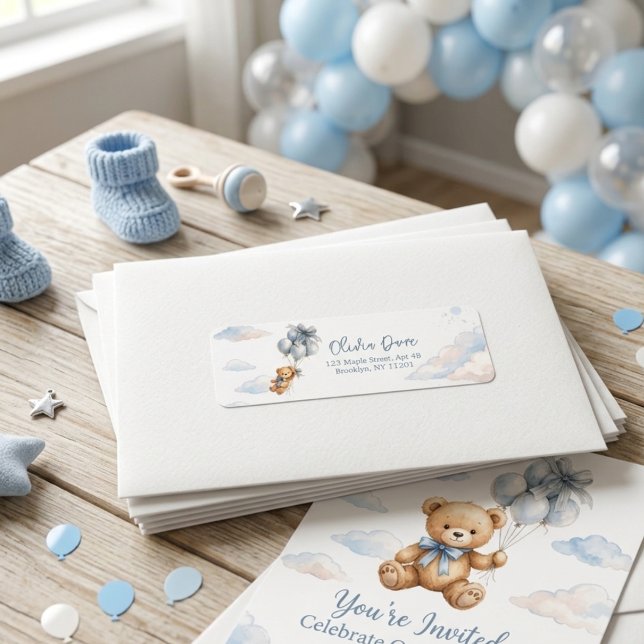 Blue Bow Teddy Bear Balloons Clouds Baby Boy Label (Creator Uploaded)
