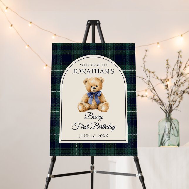 Blue Bow Teddy Bear Birthday Welcome Sign (In Situ (Stand))