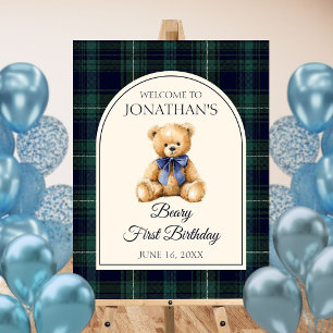 Blue Bow Teddy Bear Birthday Welcome Sign