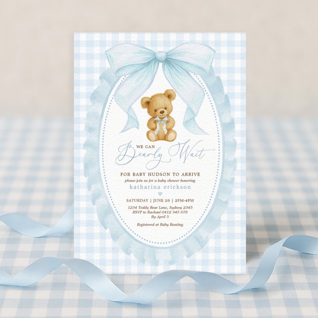 Blue Bow Teddy Bear Boy Baby Shower Invitation (Creator Uploaded)