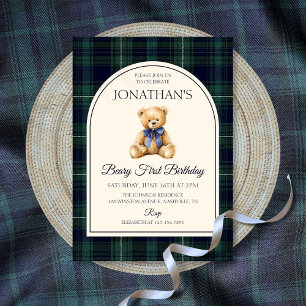 Blue Bow Teddy Bear Tartan Birthday Invitation