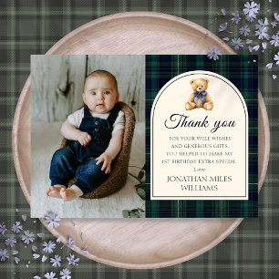 Blue Bow Teddy Bear Tartan Birthday Photo Thank You Card