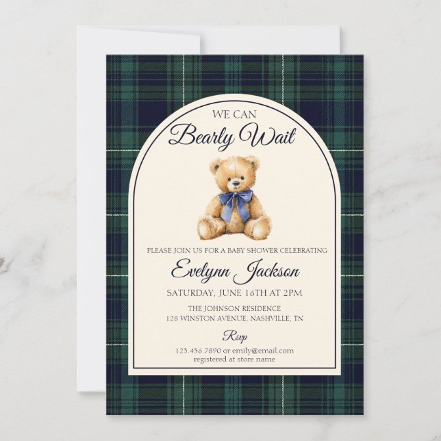 Blue Bow Teddy Bear Tartan Boy Baby Shower Invitation (Front)
