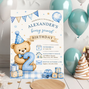 Blue Bow Teddy Beary Second Birthday Invitation