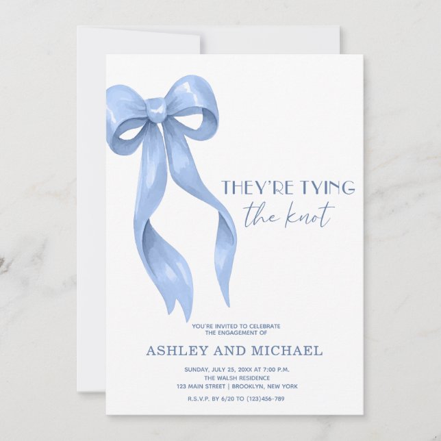 Blue Bow They're Tying the Knot Engagement Party Invitation (Front)