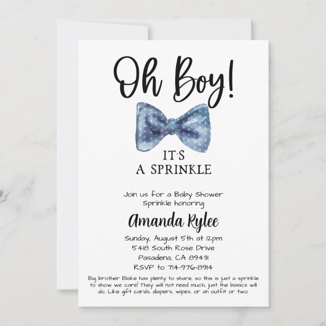 Blue Bow Tie Baby Sprinkle Baby Shower  Invitation (Front)