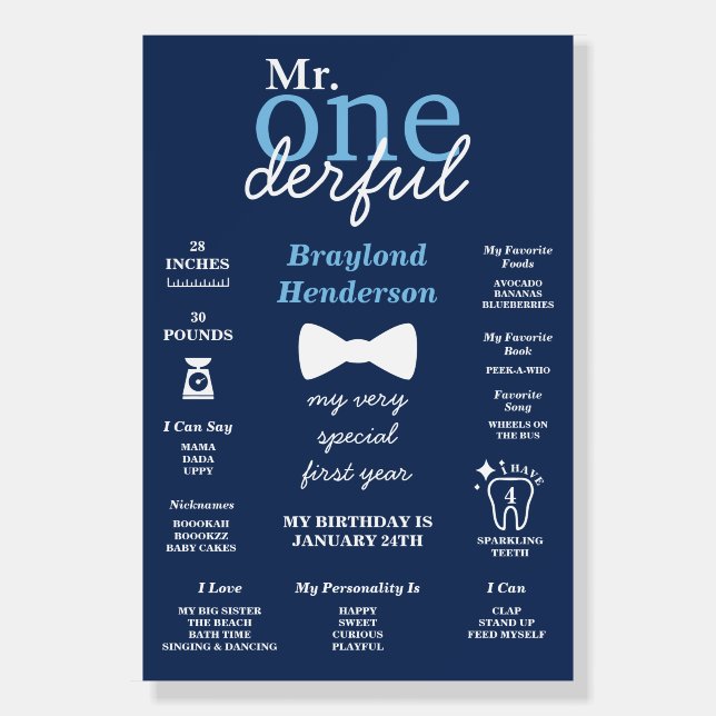 Blue Bow Tie Mr Onederful Milestone Foam Board (Front)