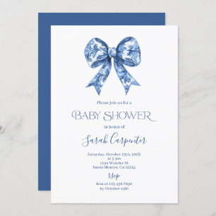 Blue Bow Toile Baby Shower Boy Invitation