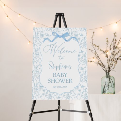 Blue Bow Toile Bear Baby Shower Boy Welcome sign