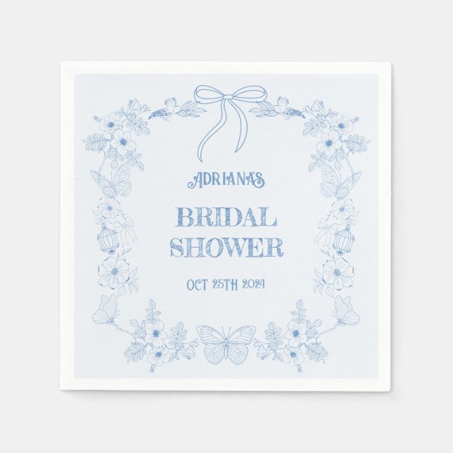 Blue Bow Toile Floral Bridal Shower  Napkins (Front)
