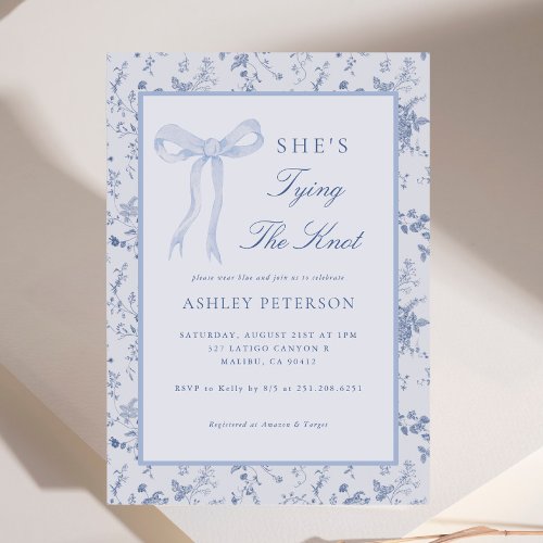 Blue Bow Toile Shes Tying The Knot Bridal Shower Invitation