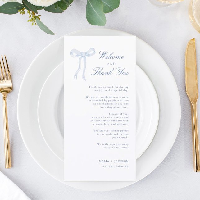 Blue Bow Toile Welcome And Thank You Place Card (Creator Uploaded)