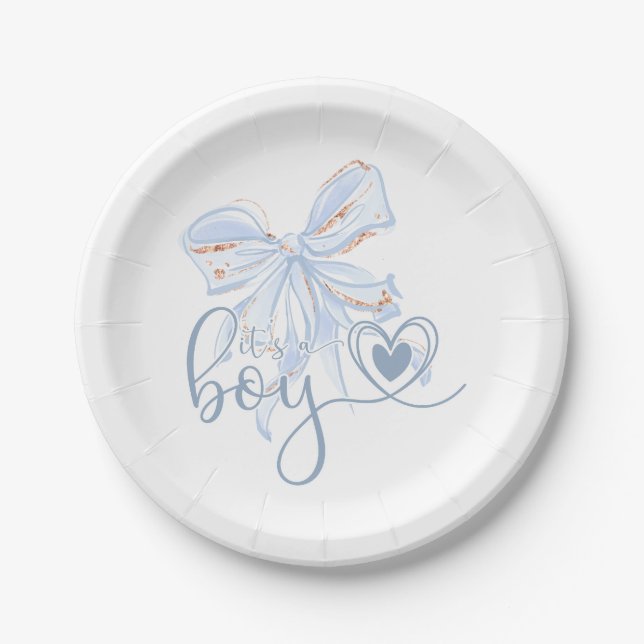 Blue Bow Trendy It's a Boy Baby Shower Paper Plates (Front)
