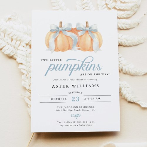 Blue Bow Twin Boys Pumpkin Baby Shower Invitation