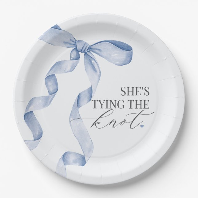 Blue Bow Tying the Knot Bridal Shower Decor Paper Plates (Front)