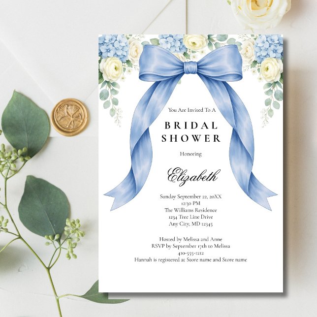 Blue Bow Watercolor Florals Bridal Shower Invitation (Something Blue Bow, Watercolor Blue White Florals Bridal Shower invitation. Printed or Digital)