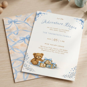 Blue Bow Watercolor Teddy Bear Baby Shower Invitation