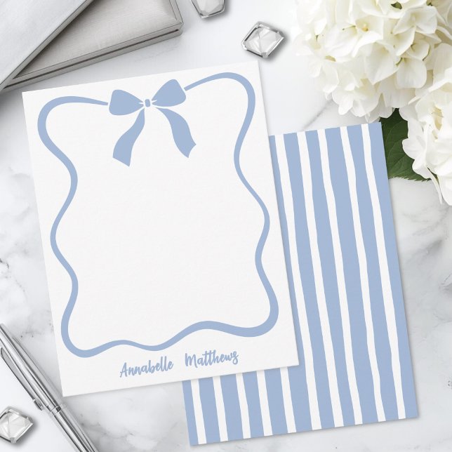 Blue Bow Wavy Border Personalized Note Card (Blue Bow Wavy Border Personalized Note Card)