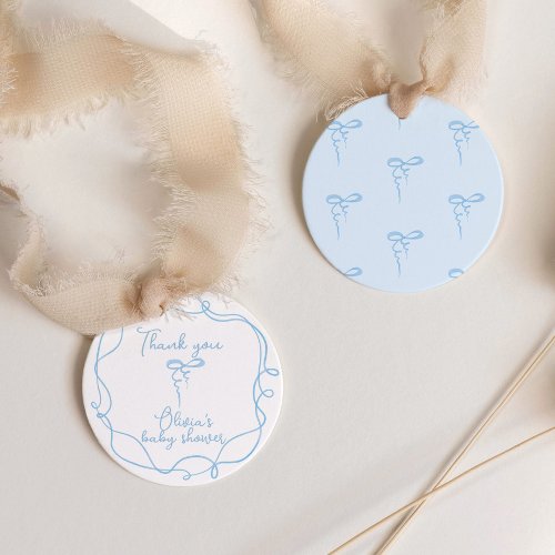 Blue bow wavy hand drawn boy baby shower thank you favor tags