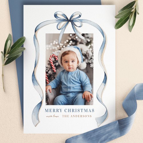 Blue Bow Wavy Ribbon Frame Merry Christmas Photo Holiday Card