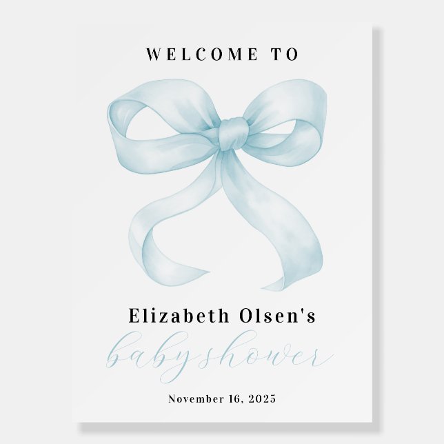 Blue Bow Welcome Baby Shower Party Sign (Front)