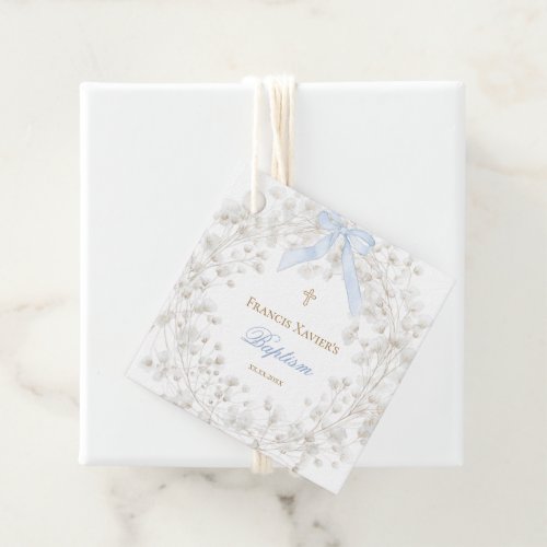 blue bow white baby's breath flowers Baptism Favor Tags