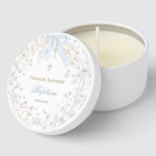  blue bow white baby's breath flowers Baptism Mini Candle Favors (Corner)