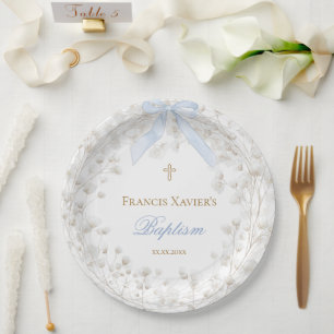 blue bow white baby's breath flowers Baptism Paper Plates
