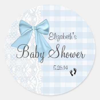 Blue Bow  White Lace And Blue Gingham Baby Shower- Classic Round Sticker by hungaricanprincess at Zazzle