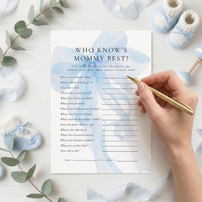 Blue Bow Who Knows Mommy Best Baby Shower card (Creator Uploaded)