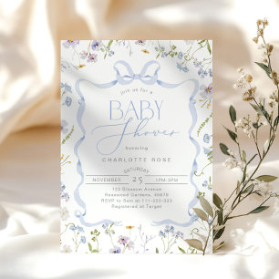 Blue Bow Wildflower Ribbon frame Baby Boy Shower Invitation