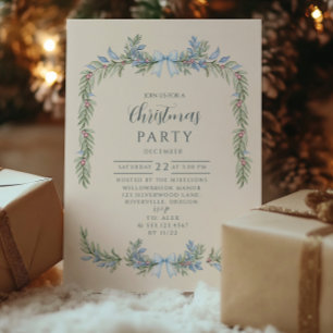 Blue Bow Winter Botanical Christmas Invitation