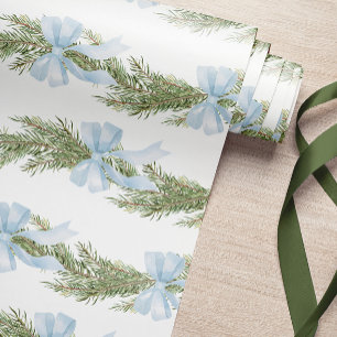 Blue Bow Winter Green Wrapping Paper